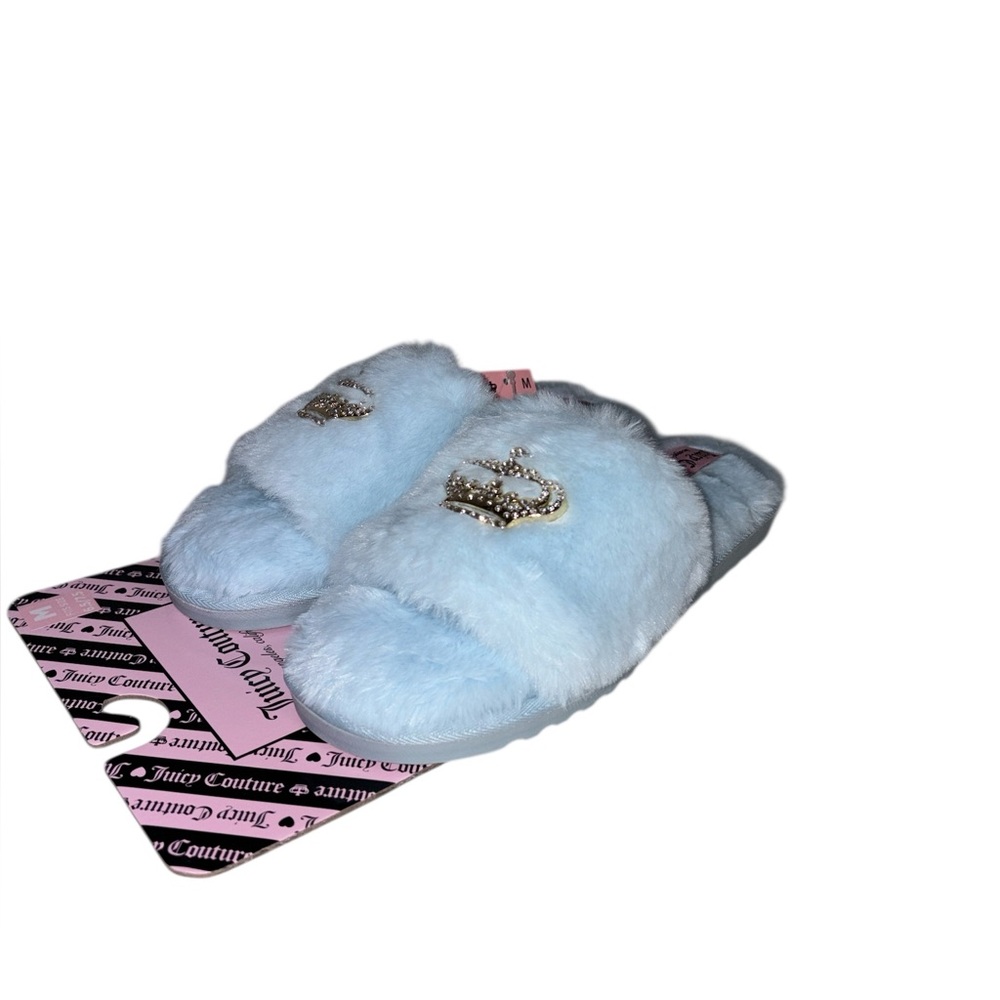NWT Juicy Couture Slide Slippers Faux Fur Blue Silver Crown Women Size M 6.5-7.5 - Picture 6 of 9